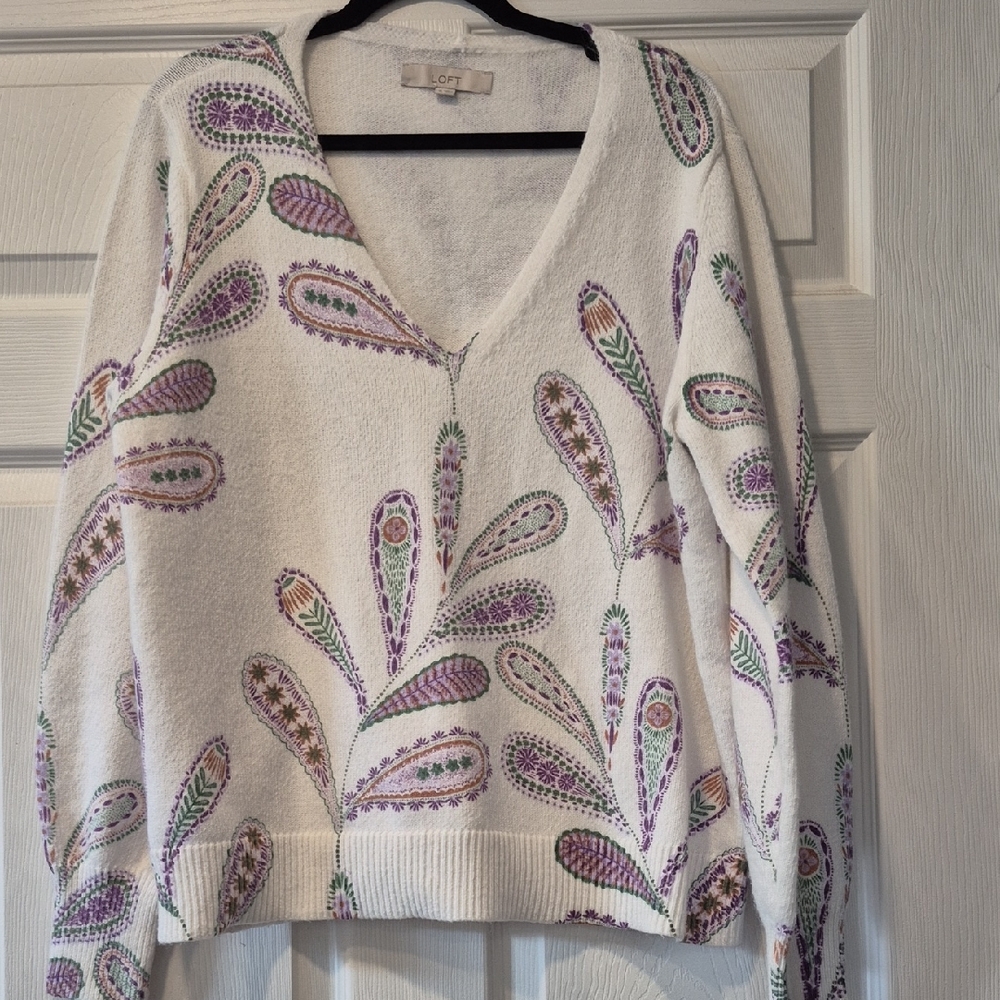 LOFT White V-Neck Sweater with Purple & Green Paisley Embroidery